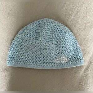 The North Face blue knit beanie fleece lined, logo embroidered